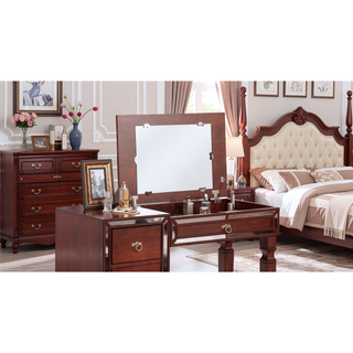 Sunvega Traditional Cherry Wood Vanity Set with Tufted Stool and Storage Drawers