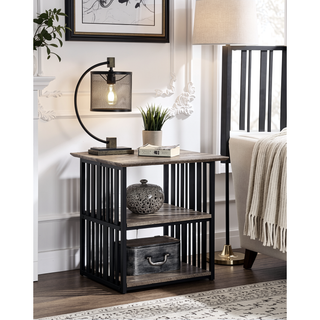 Sunvega Industrial Antique Oak & Black Finish Nightstand with 2 Open Compartments