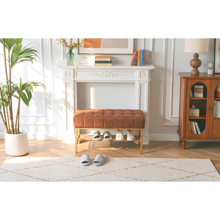 Sunvega Teddy Fabric Upholstered Storage Bench with Shelf for Bedroom Living Room