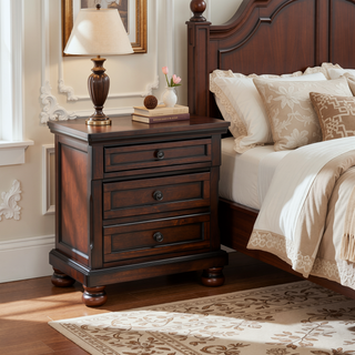 Sunvega Brown Cherry Finish Birch Veneer Nightstand with 2 Dovetail Drawers and Bun Feet