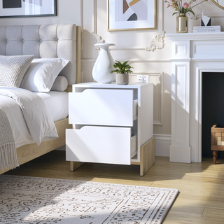 Sunvega Brookland Nightstand with Double Drawers and Sturdy Base in White Macadamia