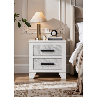 Sunvega White Rubberwood Nightstand with Faux Marble Inset and Black Bar Pulls