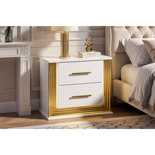 Sunvega Contemporary Gold Finish Nightstand with Two Drawers and LED Lights