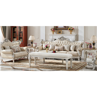 Sunvega Creamy White Traditional Bench with Diamond Button Tufting and Silver Finish