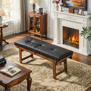 Sunvega Black PU Leather Upholstered Lucia Bench with Solid Teak Wood Legs