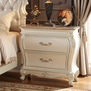 Sunvega Pearl White 2-Drawer Nightstand with Granite Top and Queen Anne Legs