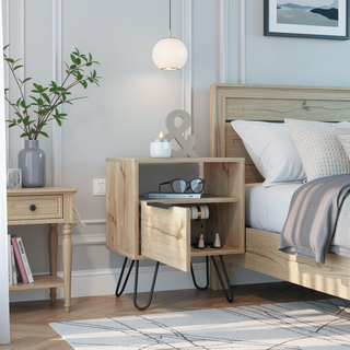 Sunvega Vienna Nightstand with Single Door Cabinet and Two Shelves on Hairpin Legs