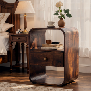 Sunvega Solid Mango Wood California Walnut Finish Bedside Table with Drawer