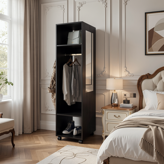 Sunvega White Armoire with Three Shelves Full-Length Mirror and Four Wheels