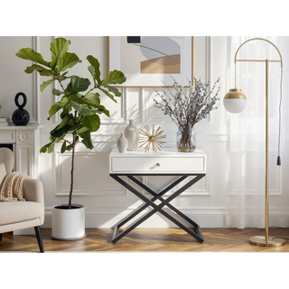 Sunvega Koda White Wooden End Table with Glass Top and Drawer