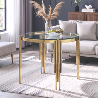 Sunvega Modern Round Tempered Glass Dining Table with Golden Stainless Steel Frame