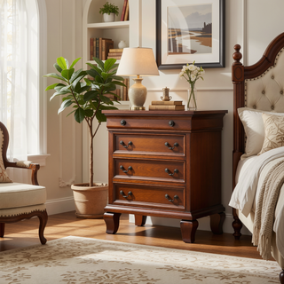 Sunvega Classic Traditional Nightstand in Rich Cappuccino Wood Veneer with Felt Lined Drawers