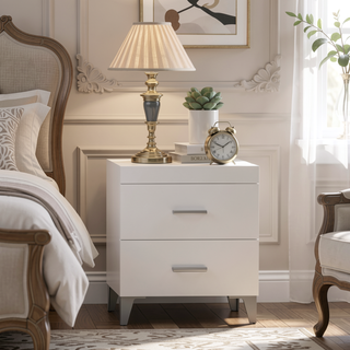 Sunvega Modern Contemporary White Finish Nightstand with Two Drawers and Metal Legs