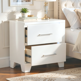 Sunvega White High Gloss Finish Modern Nightstand with LED Light and Dovetail Drawers