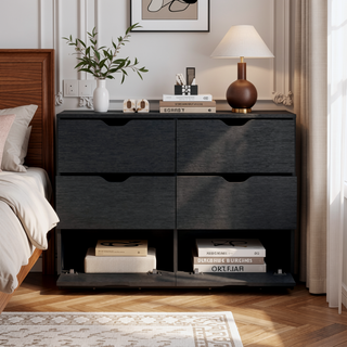 Sunvega Black Dresser with 4 Large Drawers and 2 Bottom Cabinets for Storage