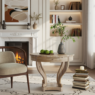 Sunvega Small Round Natural Wood Side Table with Two Storage Drawers