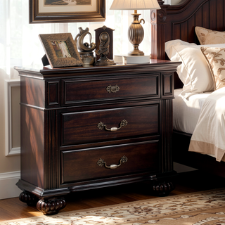 Sunvega Traditional Dark Walnut Solid Wood Nightstand with 3 Drawers and Antique Brass Handles