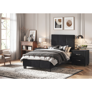 Sunvega Black Faux Leather Nightstand with Two Drawers and Silver Bar Pulls