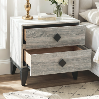 Sunvega Cream Oak Nightstand with Faux Marble Top and Rustic Wood Accents