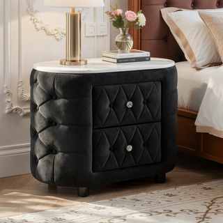 Sunvega Modern Fabric Upholstery Nightstand with Faux Marble Top and Two Storage Drawers