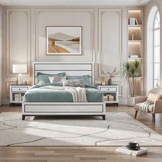 Sunvega White Nightstand with Two Drawers and Black Hardware