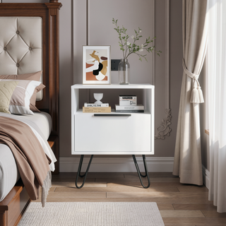 Sunvega Single Door Cabinet Nightstand with Hairpin Legs and Two Shelves