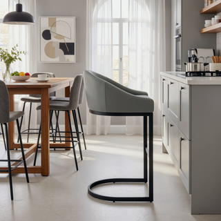 Sunvega Black Metal Counter Stool with Gray Faux Leather Upholstery