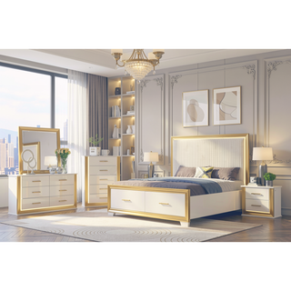 Sunvega Modern White and Gold Finish Five-Drawer Chest with LED Lights