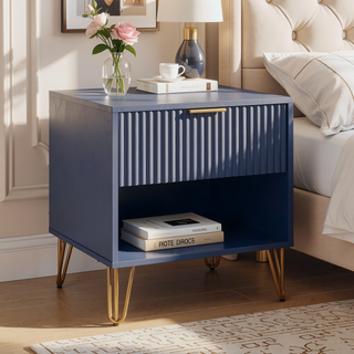 Sunvega Modern Glam Nightstand with Gold Metal Legs and Textured Drawer
