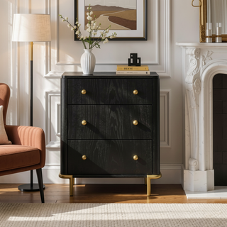 Sunvega Black Nightstand with Three Drawers Gold Accents for Bedroom Storage