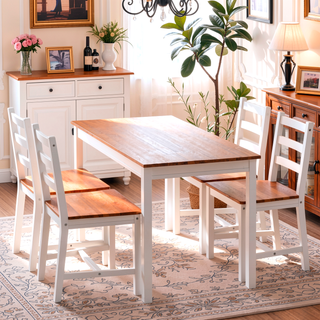 Sunvega Rustic Pine Wood Dining Table Set with Four High Back Chairs for Small Spaces
