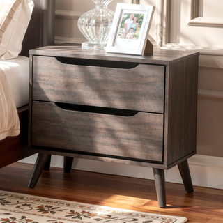 Sunvega Mid-Century Modern Black Solid Wood Nightstand with 2 Drawers and Round Tapered Legs