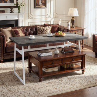 Sunvega Industrial Dining Table with Vintage White Metal and Espresso Wood-Pressed Grain Bamboo Top