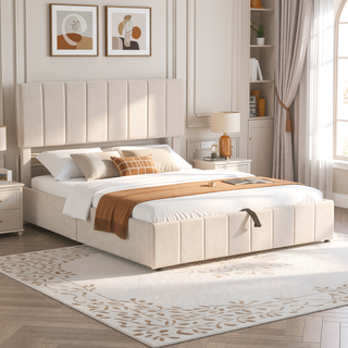 Sunvega Upholstered Platform Bed with Hydraulic Storage System in White Linen