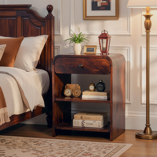 Sunvega Solid Mango Wood Bedside Table with Drawer and Open Shelves