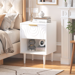 Sunvega Modern White Nightstand with Gold Accent Handle and Open Shelf