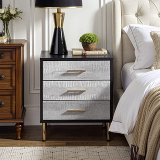 Sunvega Black Silver Gold Nightstand with Three Drawers Crocodile Pattern Fronts