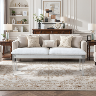 Sunvega Padded Seating Bedroom Bench with White Upholstery and Acrylic Legs