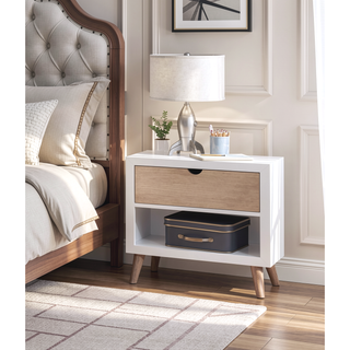 Sunvega White and Natural Finish Pine Wood Nightstand with Drawer and Shelf