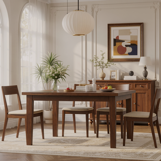 Sunvega 54 Inch Square Walnut Veneer Dining Table for 8 with Solid Wood Legs