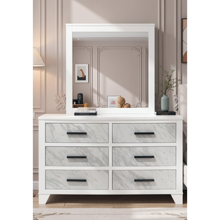Sunvega White Rubberwood Nightstand with Faux Marble Inset and Black Bar Pulls