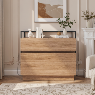 Sunvega LED Nightstand with Drawers, Glass Top and Wooden Surface for Bedroom
