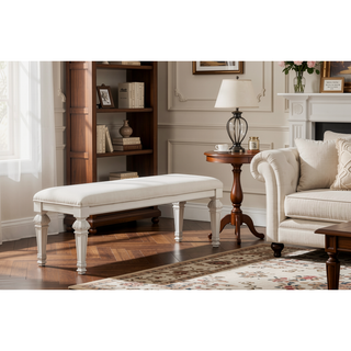 Sunvega Creamy White Traditional Bench with Diamond Button Tufting and Silver Finish