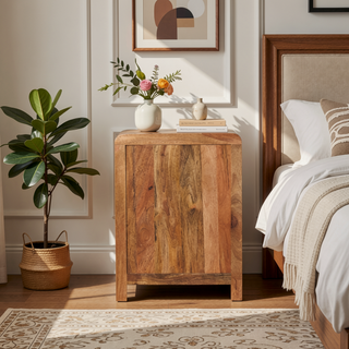 Sunvega Solid Mango Wood Naya Nightstand with 3 Spacious Drawers and Brass Knobs