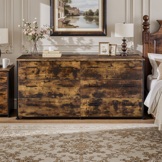 Sunvega Rustic Oak and Black Frame 6-Drawer Dresser with Metal Glide Drawers