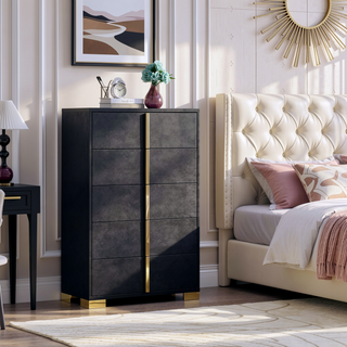 Sunvega Modern Art Deco White Five-Drawer Chest with Gold Hardware and Smooth Glide