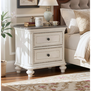 Sunvega Antique White and Brown-Gray Finish Nightstand with Black Knobs and Dovetail Drawers