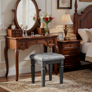Sunvega Modern Glam Silver Finish Tufted Faux Leather Vanity Stool with Foam Cushion