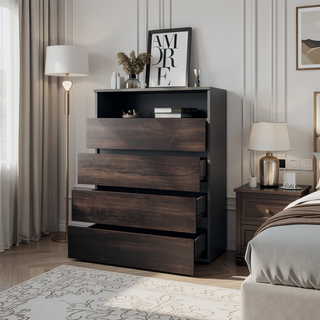 Sunvega Stained Walnut Dresser with Four Spacious Drawers and Open Shelf