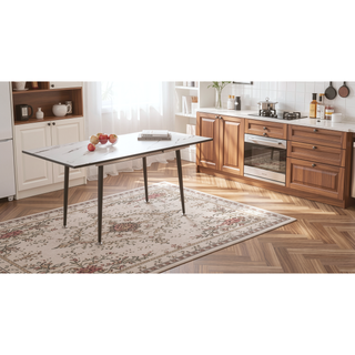Sunvega Expandable MDF Square White Marble Dining Table with Black Metal Legs